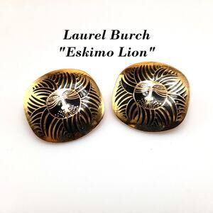 Laurel Burch "Eskimo Lion" Earrings, Black Enamel, Gold Plated, 1980s Vintage